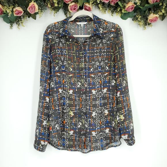 CAbi Festival Semi Sheer Grey Button Down Blouse Size Medium - Picture 1 of 11